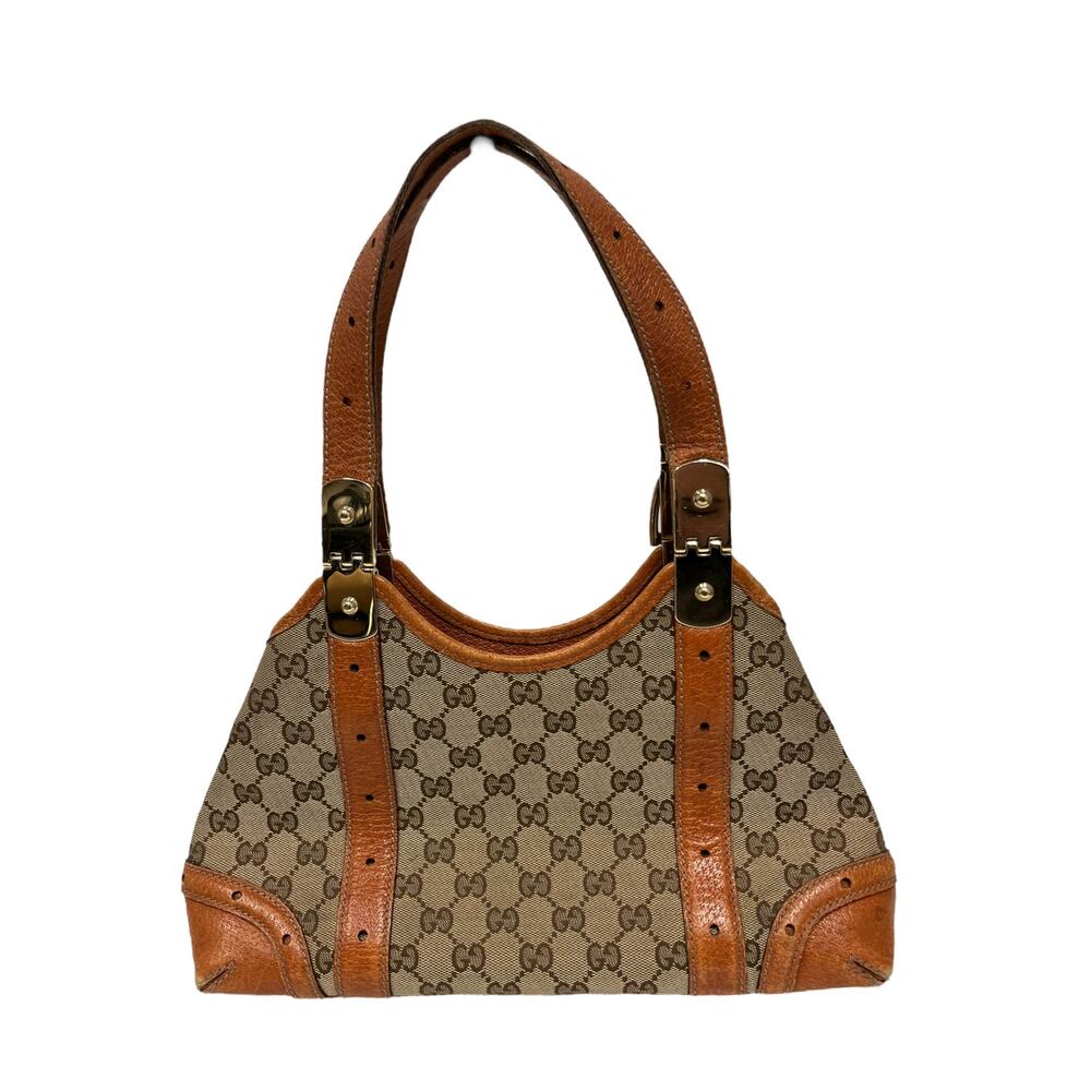 GUCCI Beige GG Monogram Canvas and Brown Leather Shoulder Bag